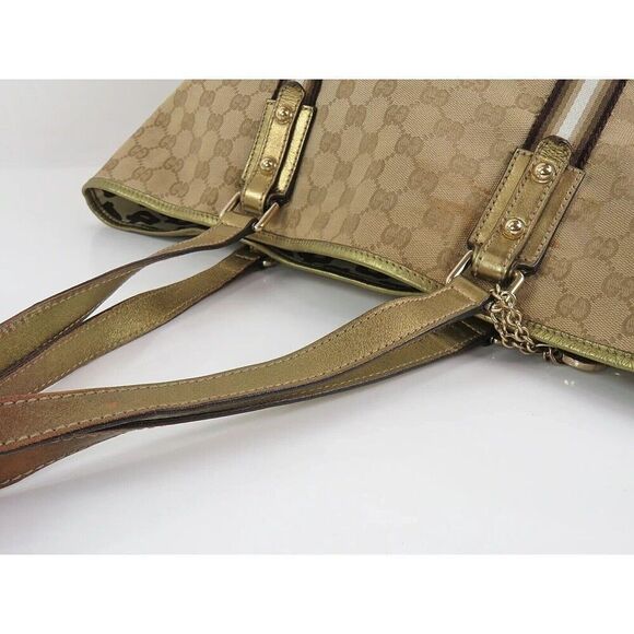 Auth GUCCI Brown GG Canvas and Gold Leather Sherry Line Tote Bag Purse #56244​ - Picture 8 of 14